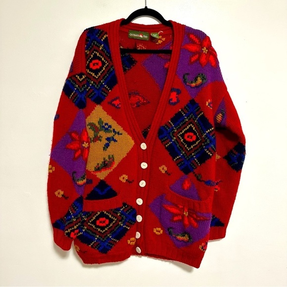 Vintage Sweaters - Vintage Wool Floral Patchwork Chunky Knit Granny Cardigan Sweater